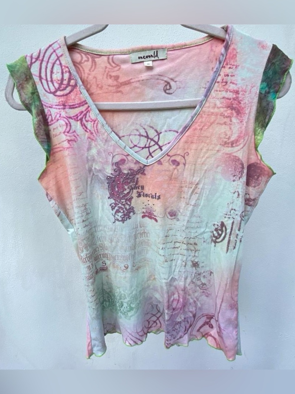 Y2K Fairy Pink & Green Juicy Florals Graphic Rhinestone Mesh Trim T-shirt Medium